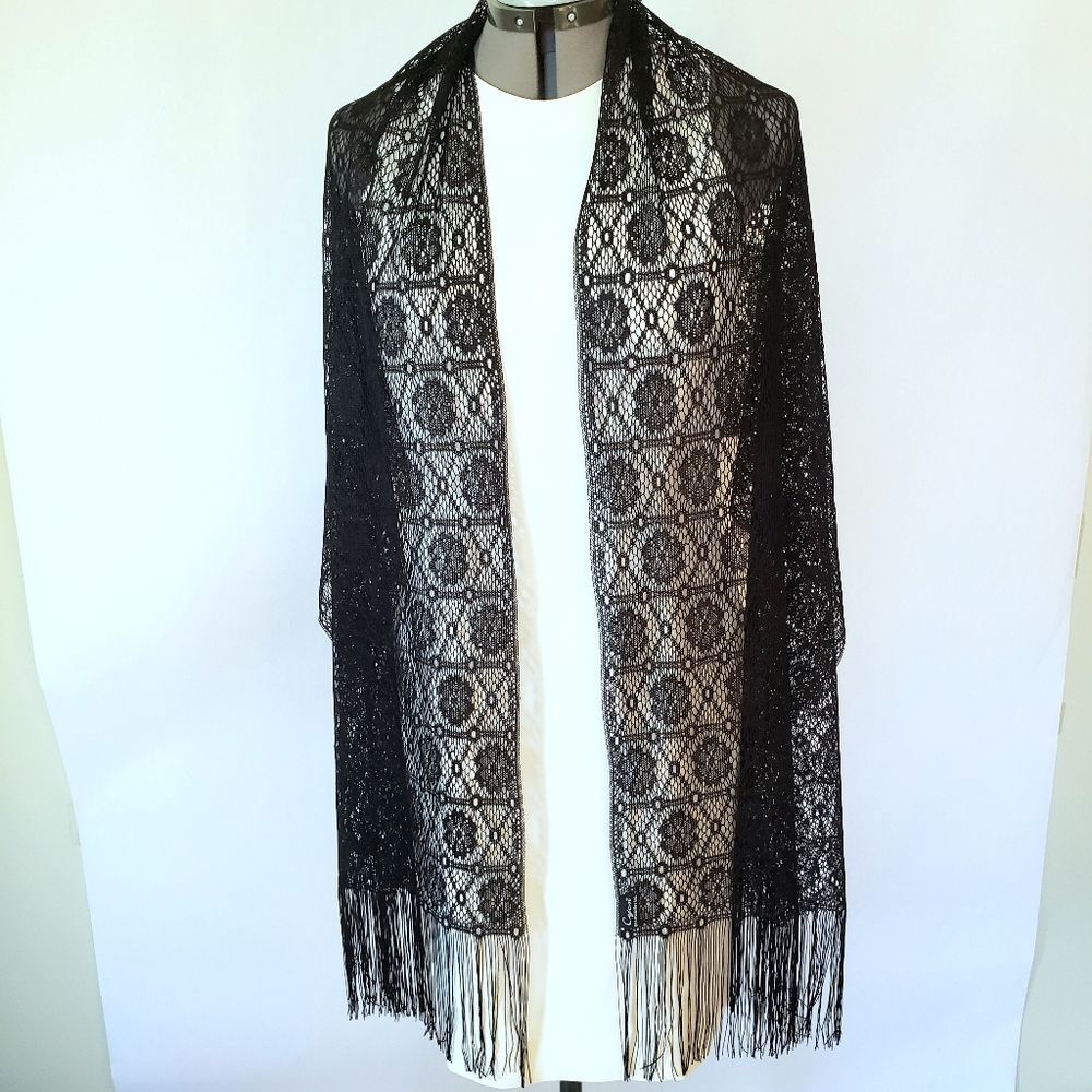 Cejon Black Lace / Tatted Fringed Scarf Wrap. 74" X 24"